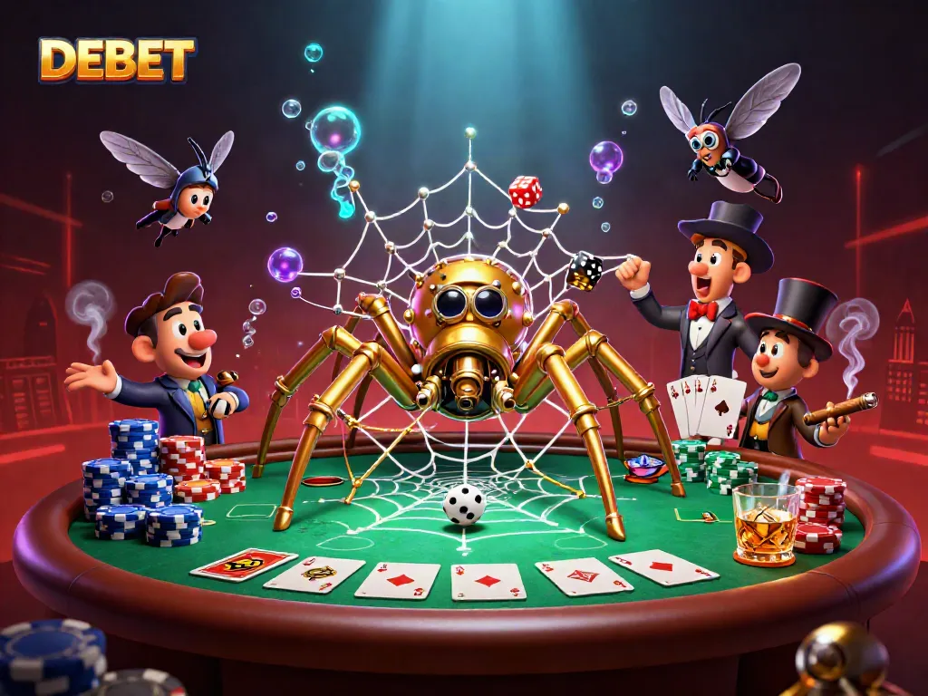 Try your luck with DEBET's exciting gaming adventure, featuring a steampunk spider capturing dice in a vibrant casino scene.