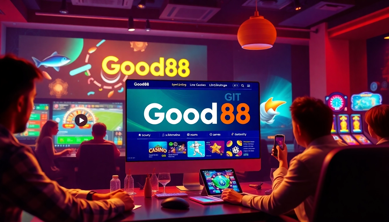 Engaging online gaming scene featuring Good88 platform, showcasing diverse players with vibrant colors.