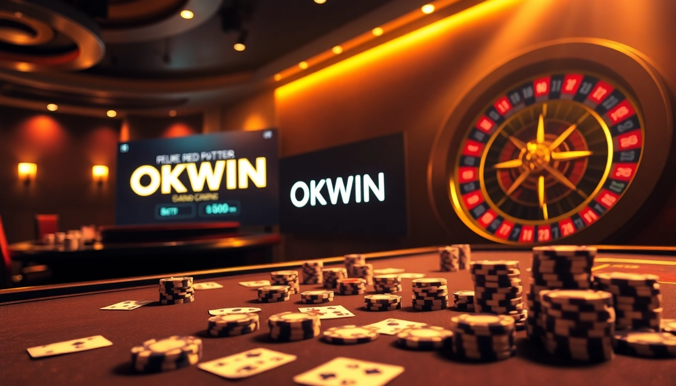 Enjoy an exciting poker game at OKWIN with vibrant colors and luxurious casino elements.