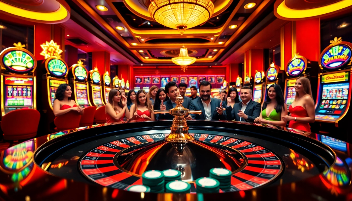 Experience exciting table games at vipwin in a vibrant casino atmosphere with roulette and colorful slot machines.