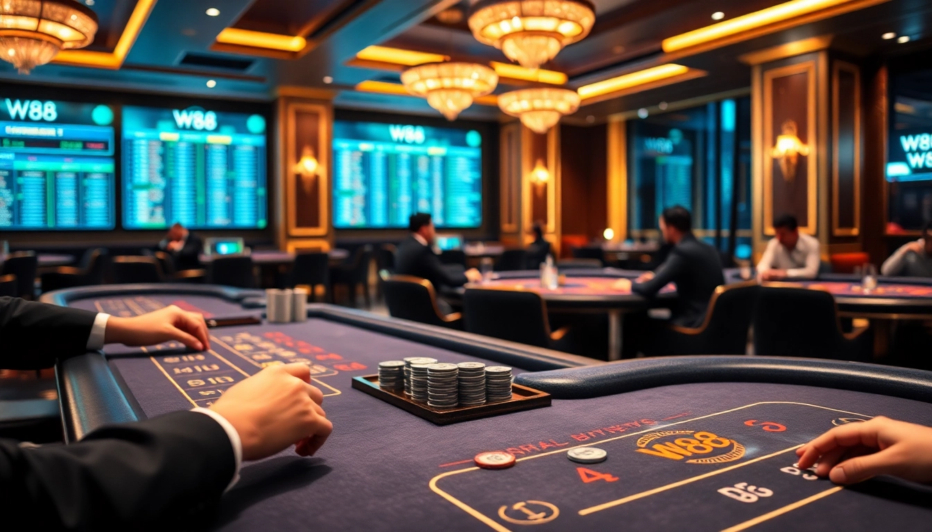 Thrilling online casino scene at W88.nyc with players enjoying Baccarat and Blackjack games.