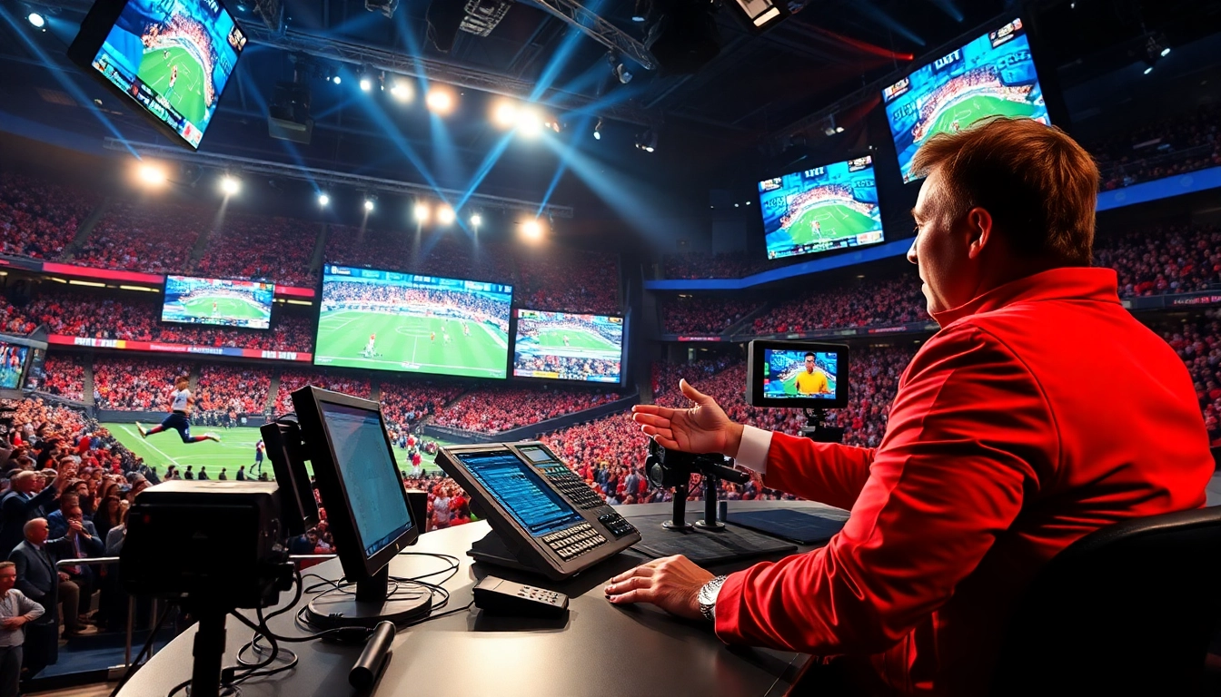 Sports Broadcasting anchor delivering live updates in a vibrant sports arena setting.