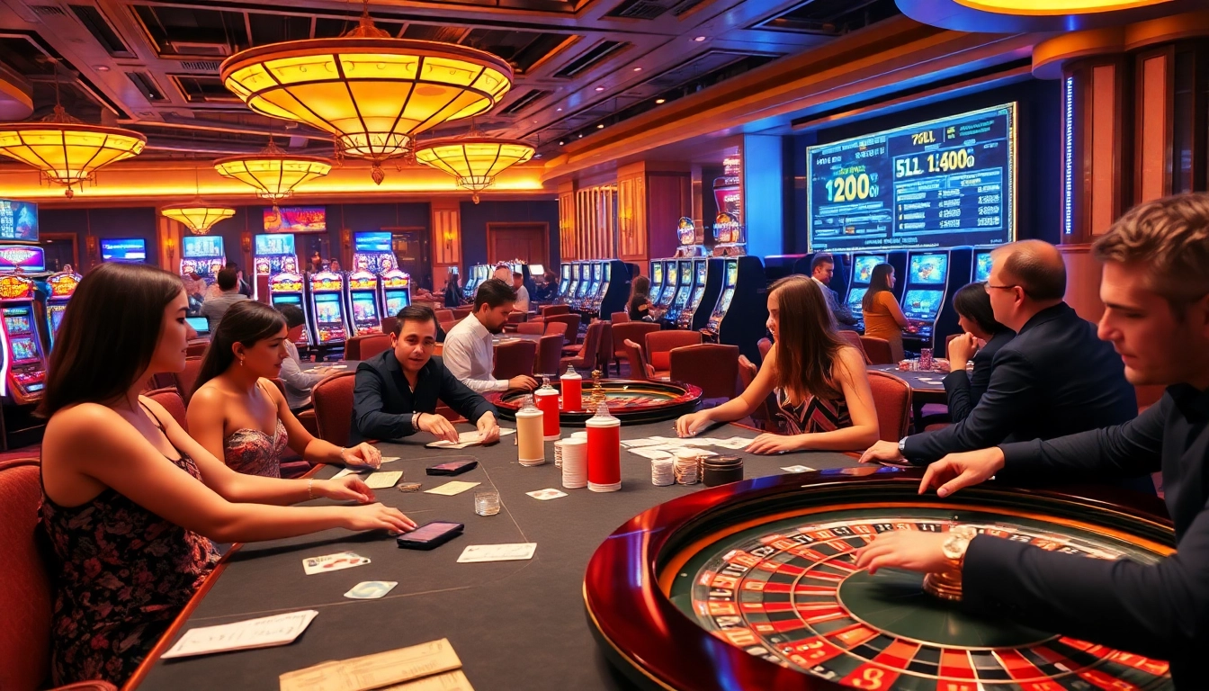 Engaging casino scene at http://bem88x.com/ with players enjoying poker and roulette in a luxurious setting.