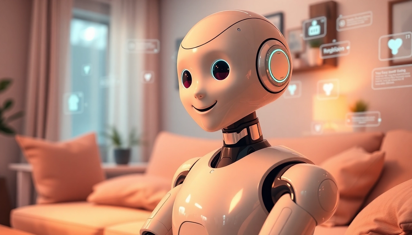 AI girlfriend robot in a cozy virtual living room, offering a warm and friendly connection.