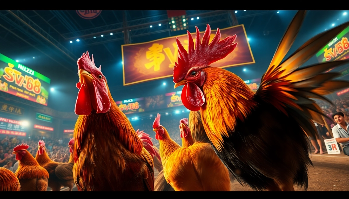 Exciting live cockfighting scene at SV368 with vibrant roosters and dynamic audience atmosphere.