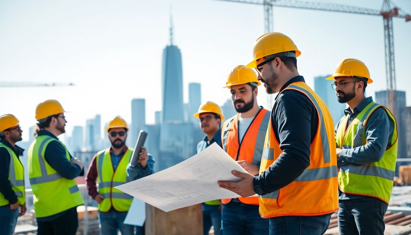 New York General Contractor coordinating a construction project with a diverse team on-site.