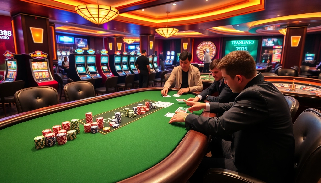 Players enjoy a thrilling game of poker at the TG88 casino, showcasing high-quality chips and cards on an elegant table.