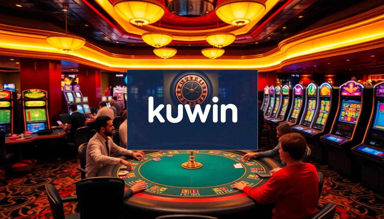 Kuwin casino scene showcasing lively poker players and a spinning roulette wheel.