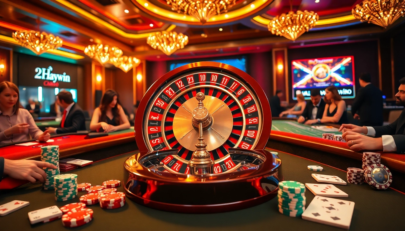 Engage with thrilling games at http://2haywin.pro/, featuring a vibrant roulette wheel amidst poker chips.