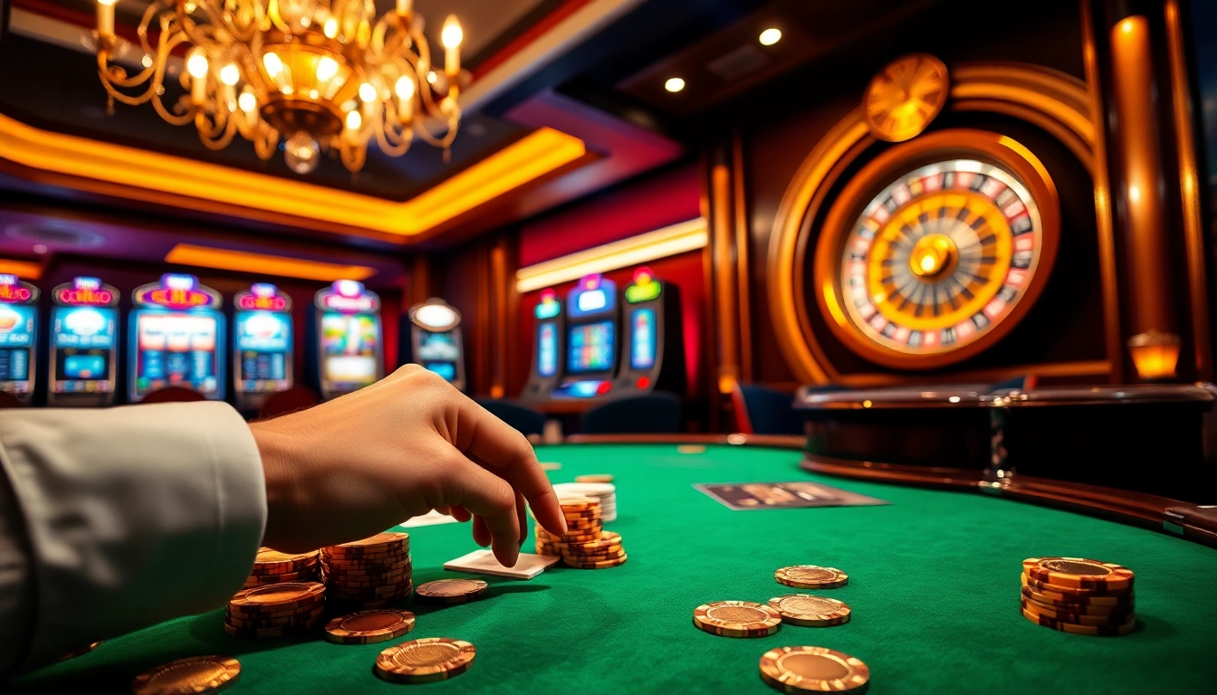 U888 com table displaying vibrant poker chips and elegant cards in a luxurious casino setting.