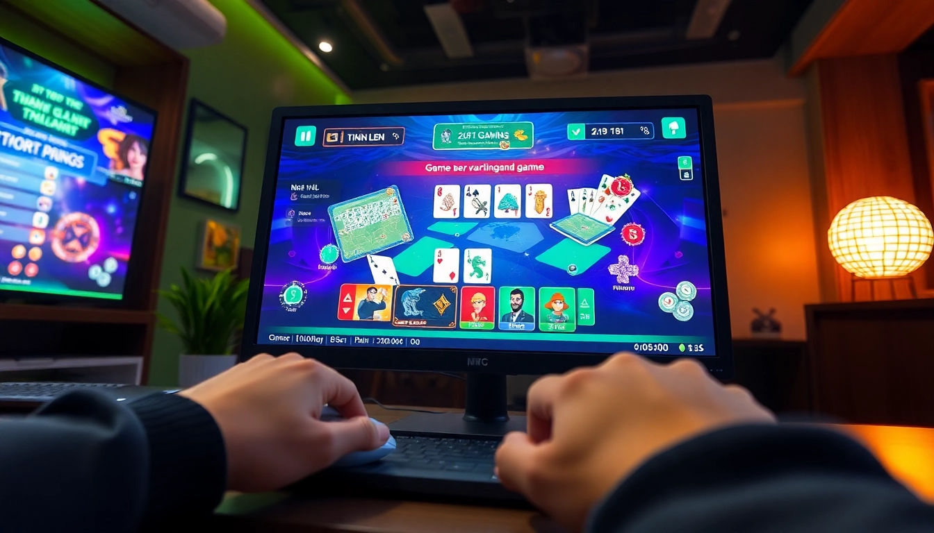 Dynamic online gaming scene showcasing gamebaidoithuong.com.vc featuring vibrant card games and 3D graphics.