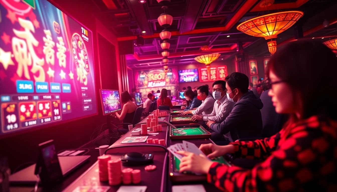 Dynamic online gaming scene showcasing topgamebaidoithuong.mx, featuring popular Vietnamese card games.