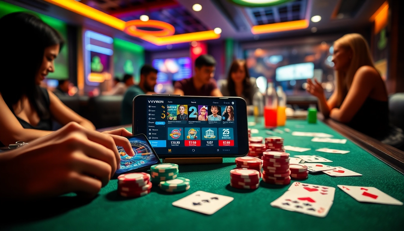 Exciting VVVWIN app interface on smartphone amidst casino elements showcasing online gaming at vvvwin88.live.