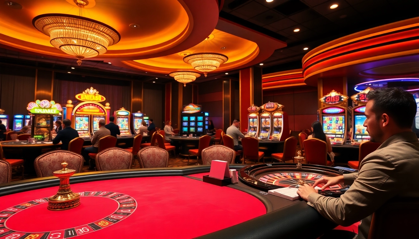 Fun88 đăng nhập to a vibrant casino scene featuring engaged players at poker and slot machines.