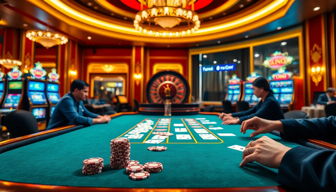 Exciting gameplay scene at nhà cái s8 featuring poker players and roulette.