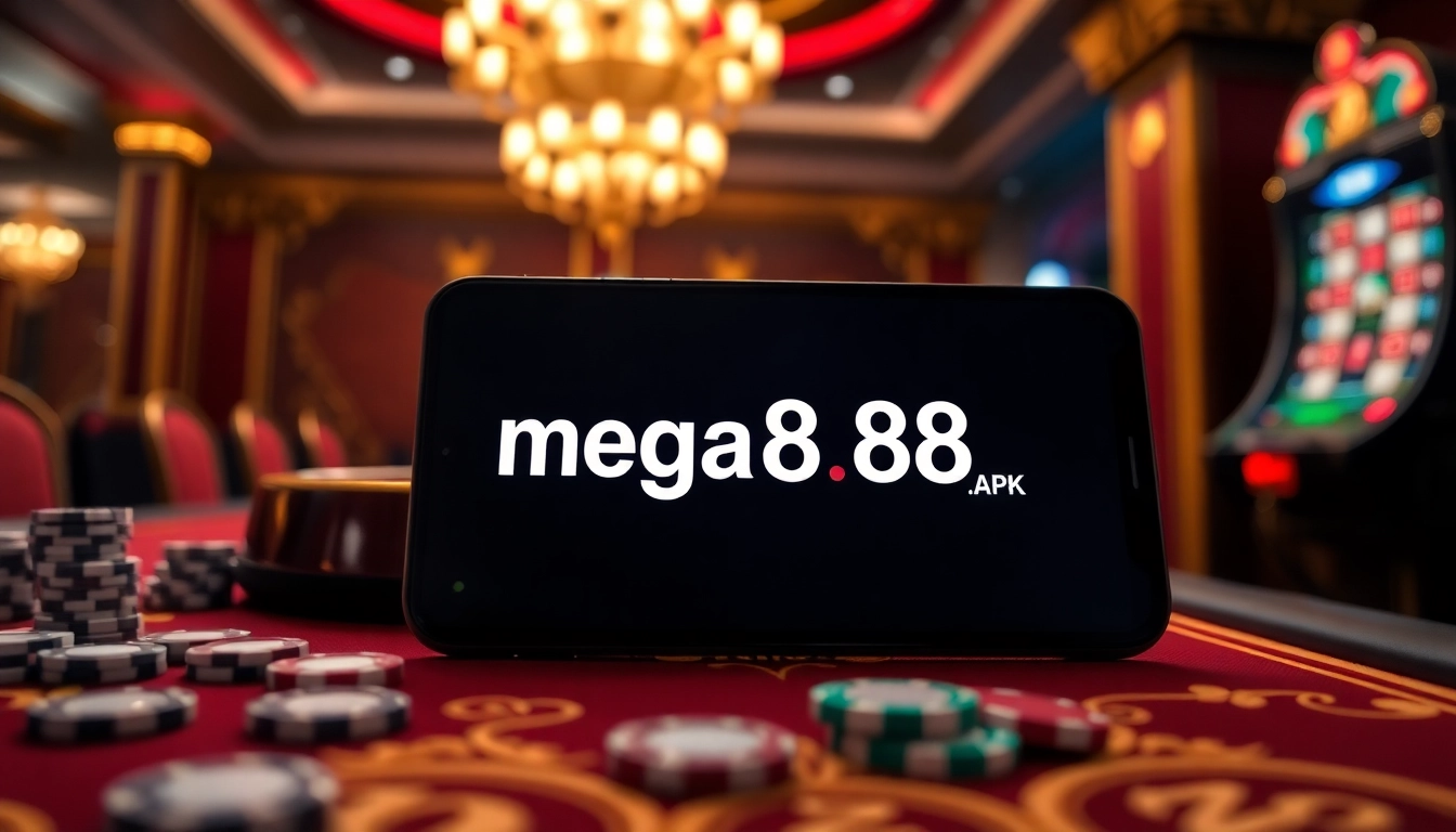 Play exciting casino games via mega888.apk on a smartphone surrounded by roulette wheels and poker chips.