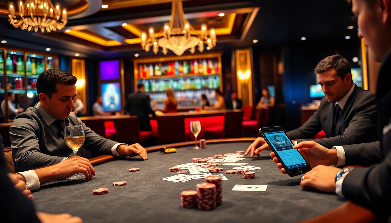 A thrilling scene of professional players engaging in poker while using Alo789 đăng nhập nhanh on their devices in a luxurious casino atmosphere.