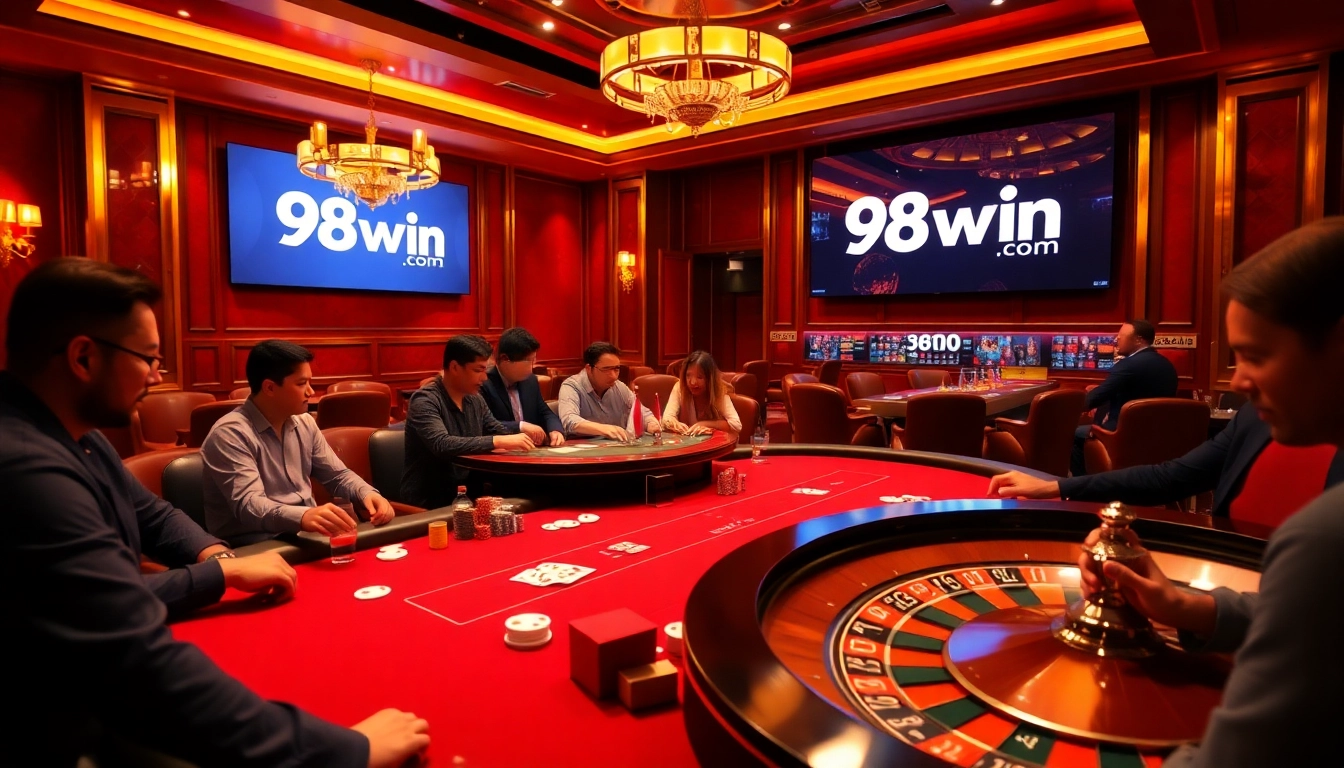 Engaging scene of players enjoying a poker game at 98win com with vibrant chips and cards.