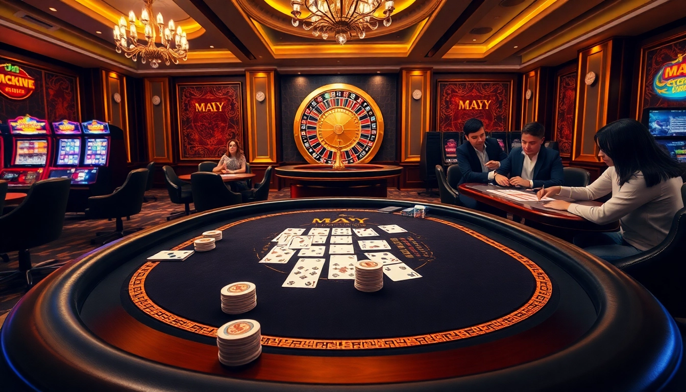 Exciting gambling scene at may 88 casino with blackjack, roulette, and lively players.
