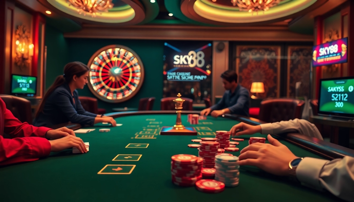 SKY88 players enjoying vibrant poker action at a luxurious casino table
