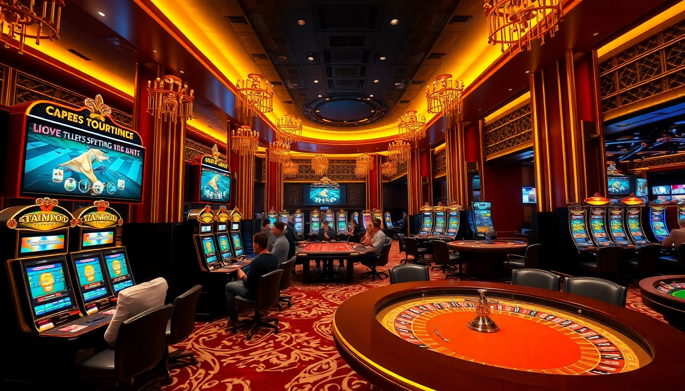 Engage in thrilling gameplay at open88, showcasing a vibrant casino scene with players at poker, roulette, and slot machines.