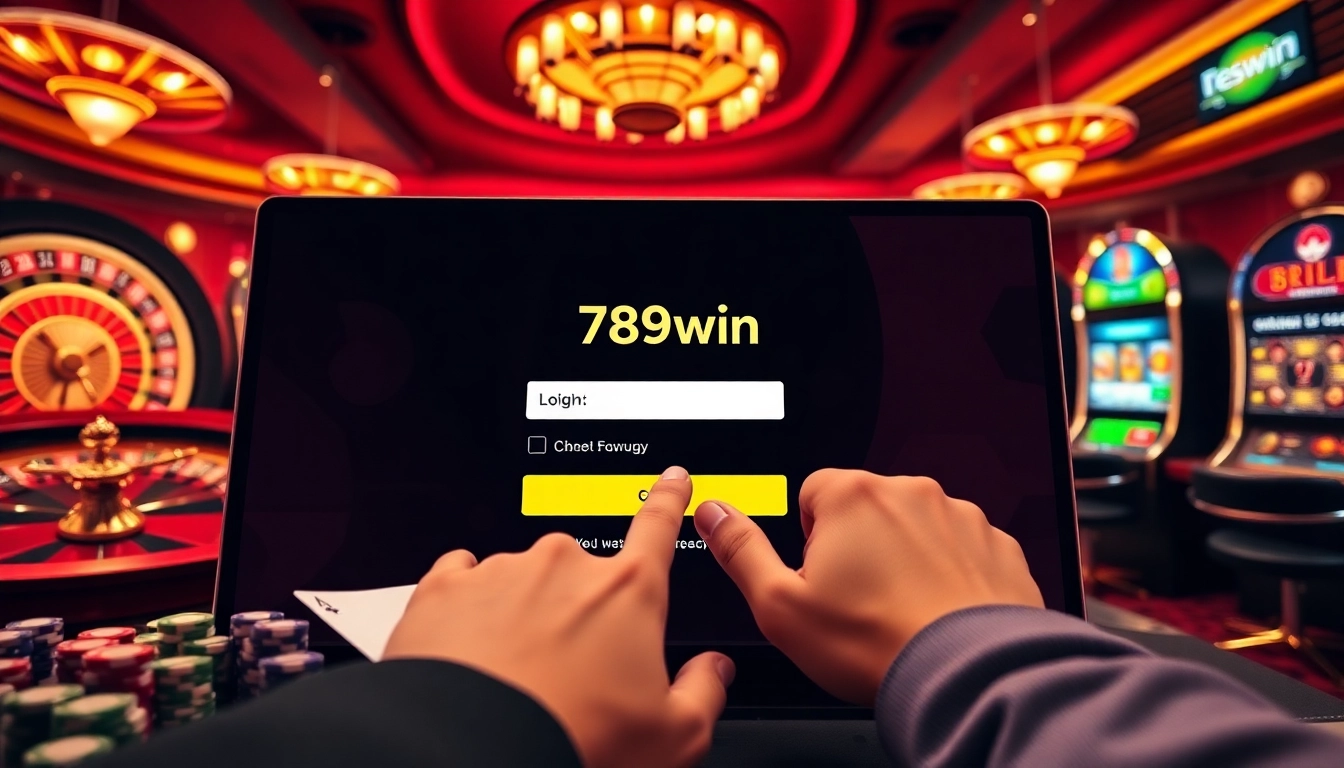 Log in to 789win with an impressive casino backdrop, showcasing vibrant gaming elements and excitement.
