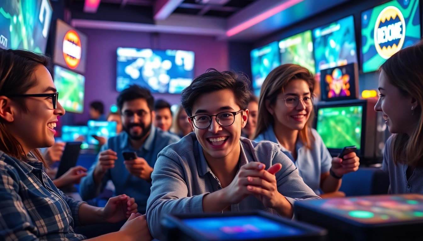 Explore the thrilling gaming experience at https://sonclub.baby/, capturing vibrant interactions in a modern lounge.