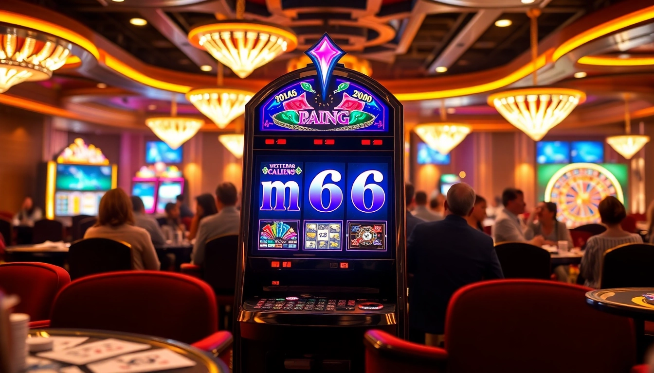The mm66 slot machine surrounded by excitement and vibrant chips in a luxury casino.