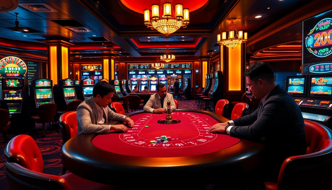 Experience the thrill of gambling at https://qq88.today/ with a vibrant casino scene showcasing poker tables and roulette wheels.