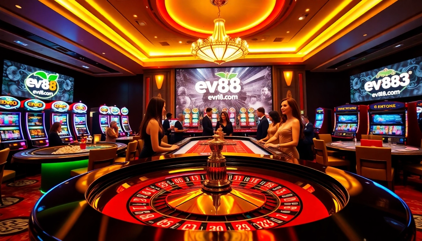 Engaging players at the roulette table within a luxurious casino showcasing ev88.com for thrilling gambling experience.