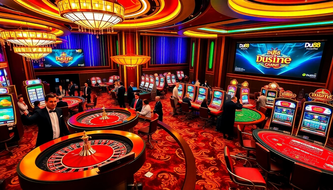 Exciting scene at du88 trang chủ with luxurious casino tables and joyful gamblers.
