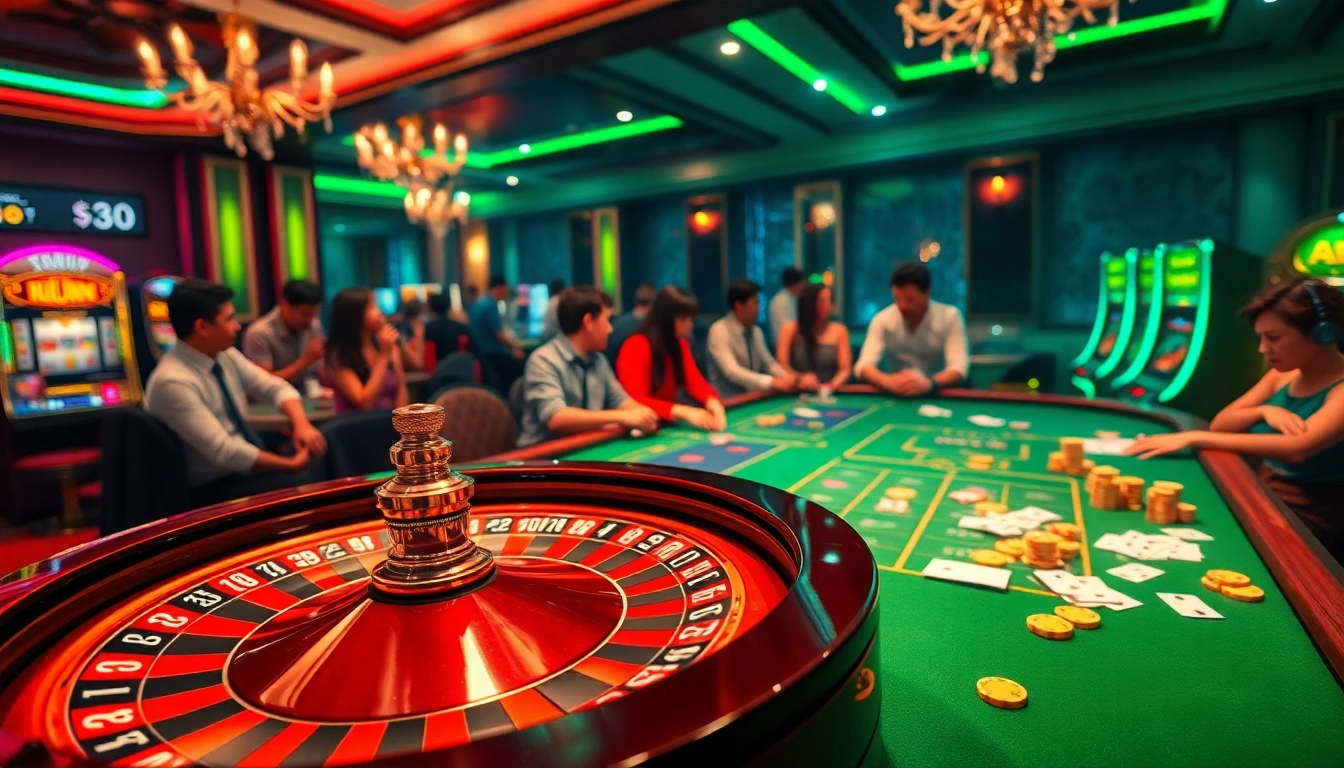 A dynamic gaming scene capturing excitement at a casino table linking to link kim88's thrilling gambling experience, showcasing roulette and poker activities.