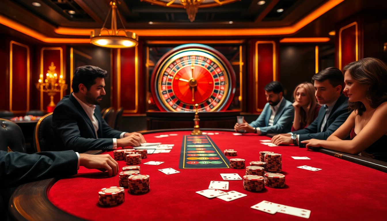 Players enjoying a high-stakes poker game at the luxurious 79KING casino, showcasing excitement and strategy.