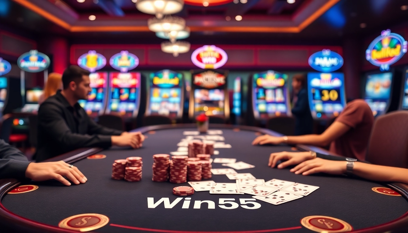 Experience the thrill of playing at nhà cái win55 with vibrant poker chips and casino games.