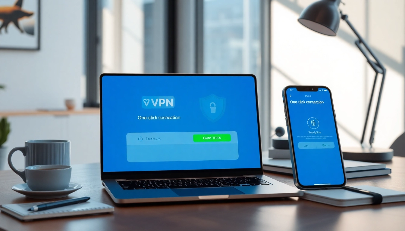 快连官网 用户友好型 VPN 界面在现代工作区的笔记本与智能手机上展示。