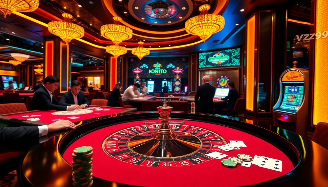 Exhilarating gambling scene at nhà cái vz99 featuring poker chips and vibrant casino atmosphere.