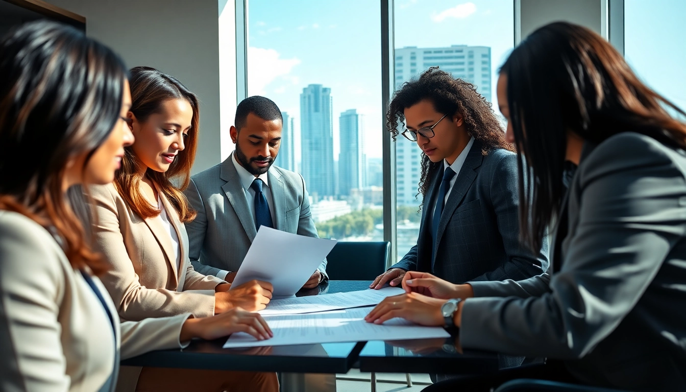 A collaborative scene in a law firm in the US showcasing lawyers discussing legal documents in a modern office.