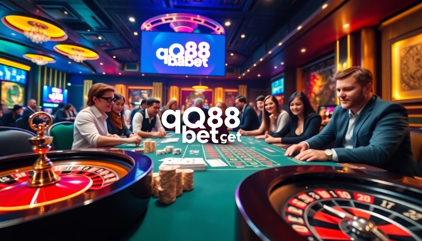 Experience the excitement of qq88 bet with vibrant casino tables filled with colorful chips and cards.