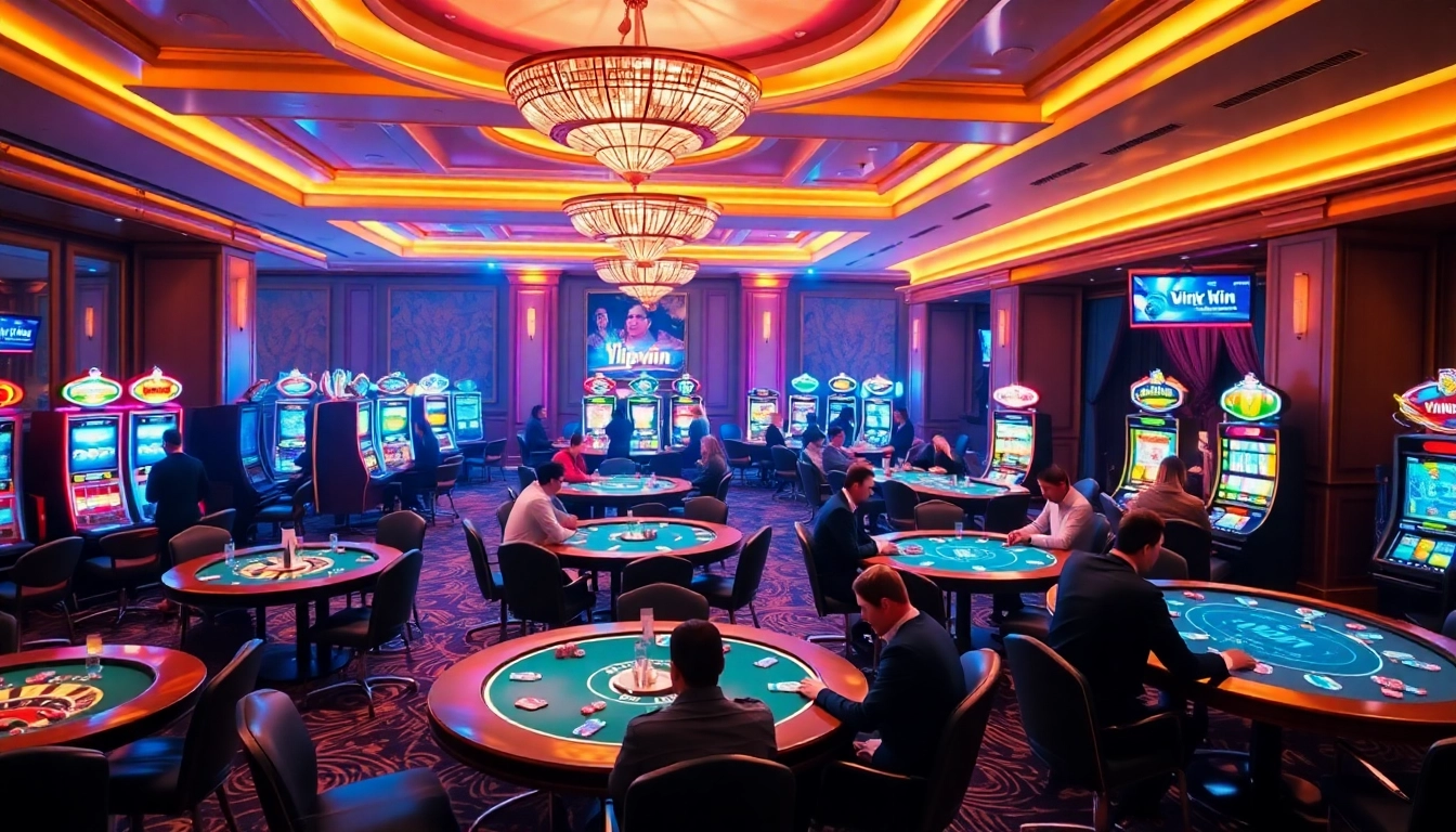 Experience excitement at Link vipwin uy tín with vibrant casino games, illuminated tables, and lively players.