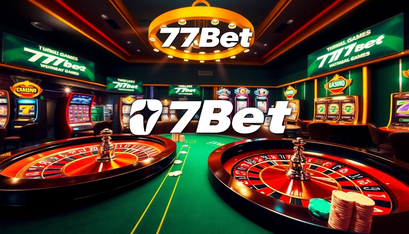 Exciting casino scene featuring 77Bet's roulette table, vibrant cards, and colorful chips.