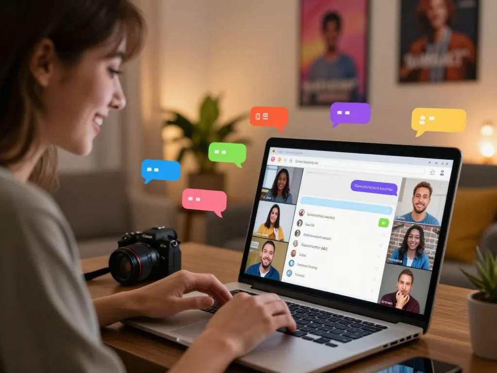 Engaging individuals in vibrant sexchat conversations using laptops and mobile devices, showcasing interaction and digital connection.