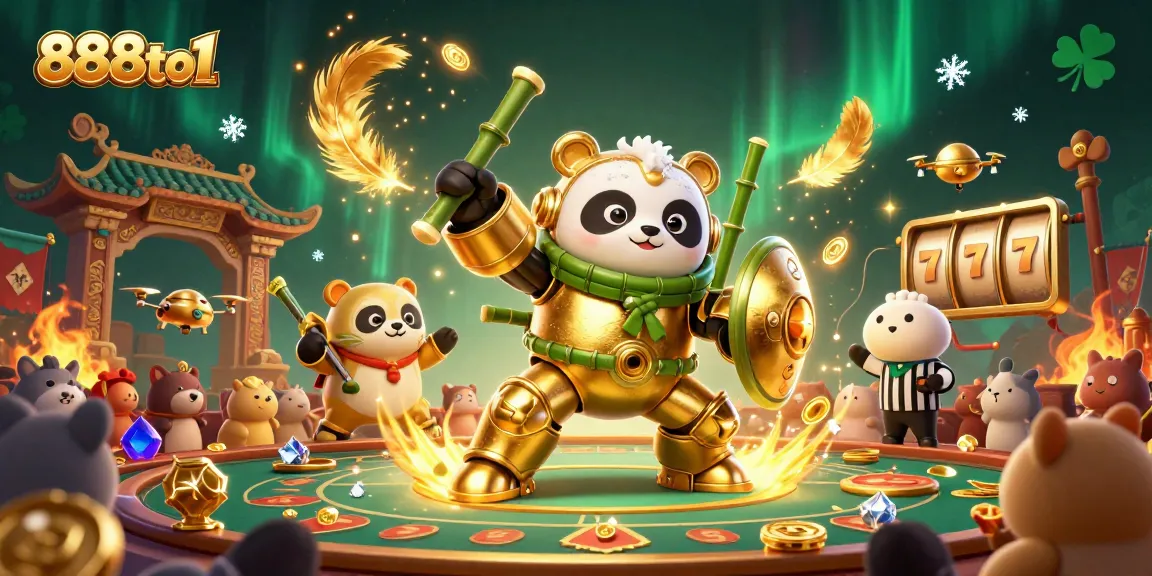 Experience thrilling action at 888to1 with a panda in a mech suit battling in a vibrant casino arena.