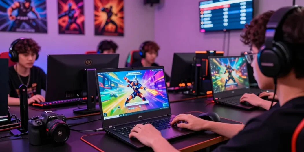 Player logging into rokok88 login on laptop surrounded by gaming gear, vibrant atmosphere.