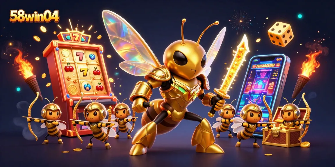 Experience the vibrant thrill of 58win04 with a dynamic jackpot scene featuring golden characters and casino elements.