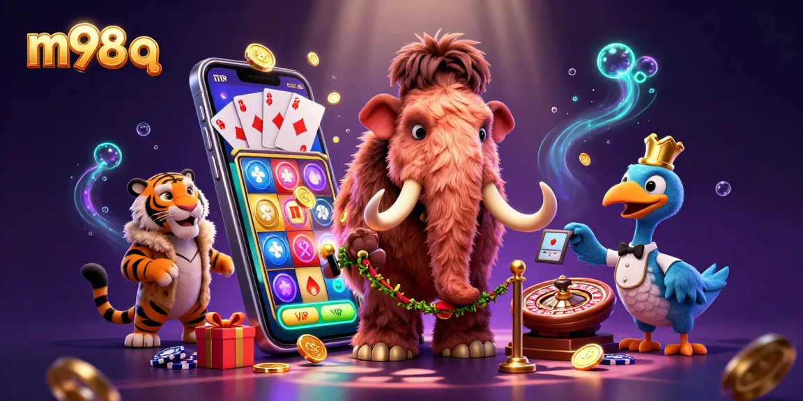 M98 q showcases a vibrant casino scene with a mammoth bouncer, VIP tiger guest, and dodo doorman amidst dynamic gaming elements.