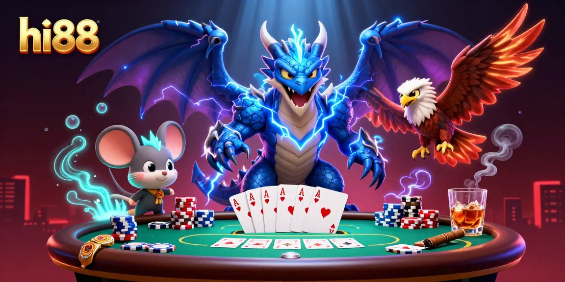 Experience thrilling games with hi88's dynamic 3D illustration showcasing lively poker action.