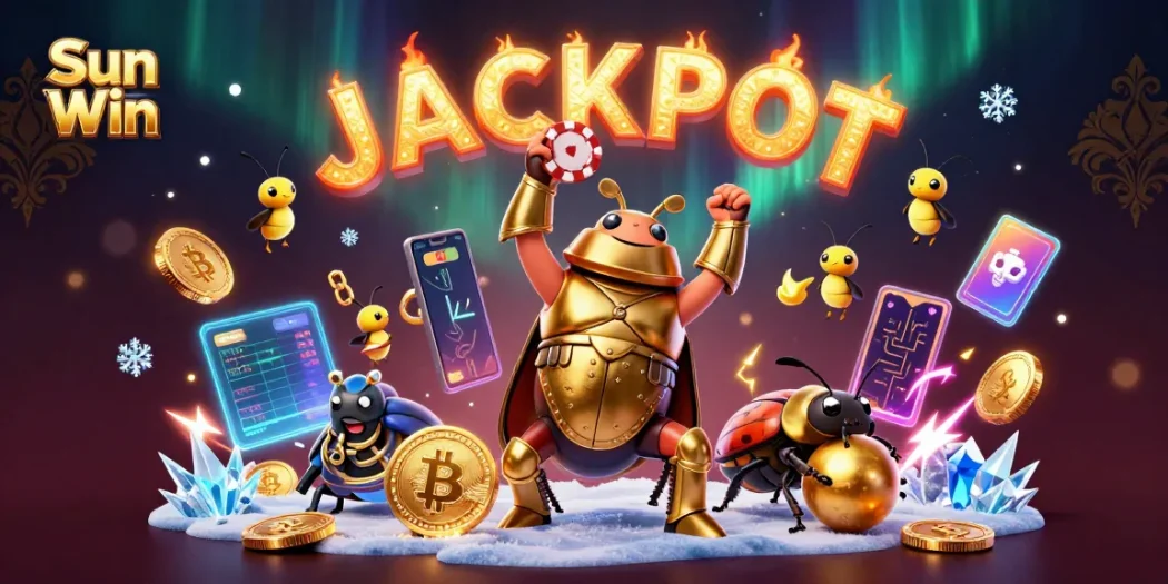 Win big with Sun Win in this vibrant 3D representation of a casino scene filled with gaming excitement.