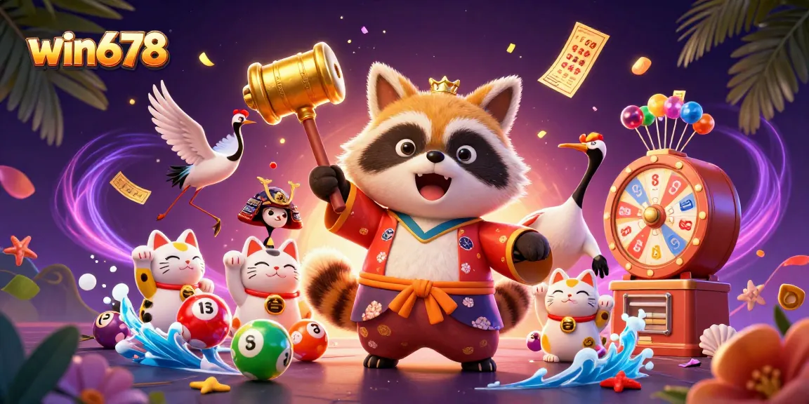 Experience the thrill of win678 with lucky tanuki and fortune cats amidst vibrant casino elements.