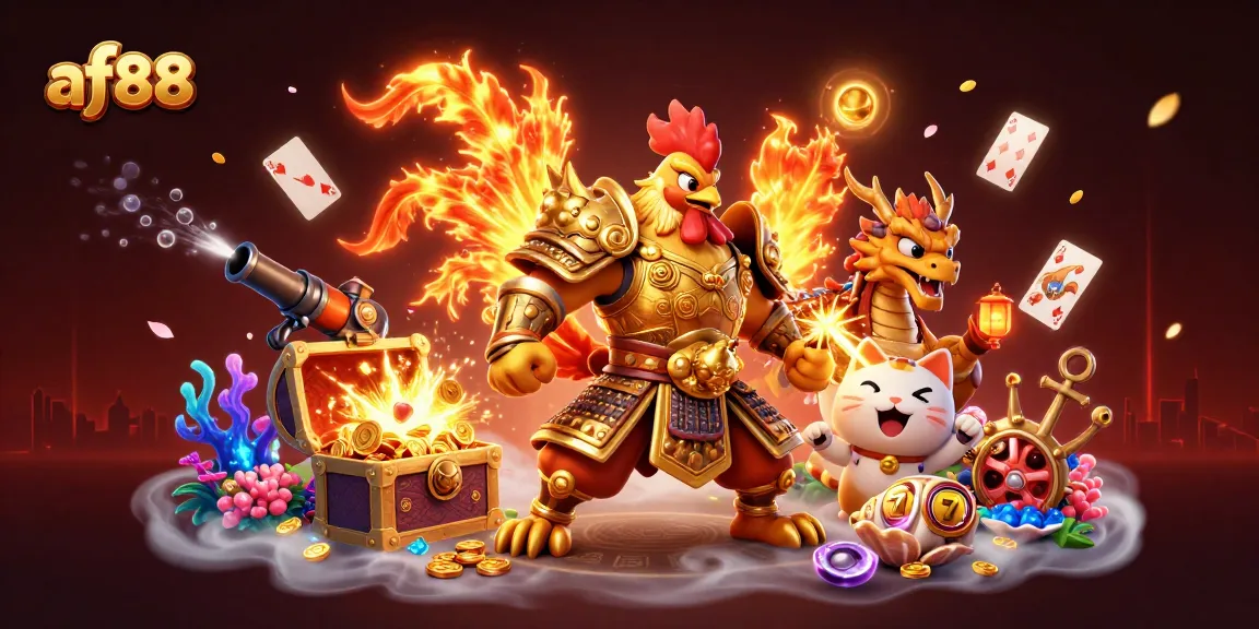Experience thrilling gameplay at AF88 with a fiery rooster warrior and exciting casino elements.