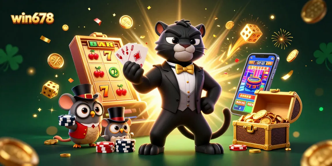 Win678 showcases vibrant 3D casino scene with a stylish panther dealer and exciting game elements.